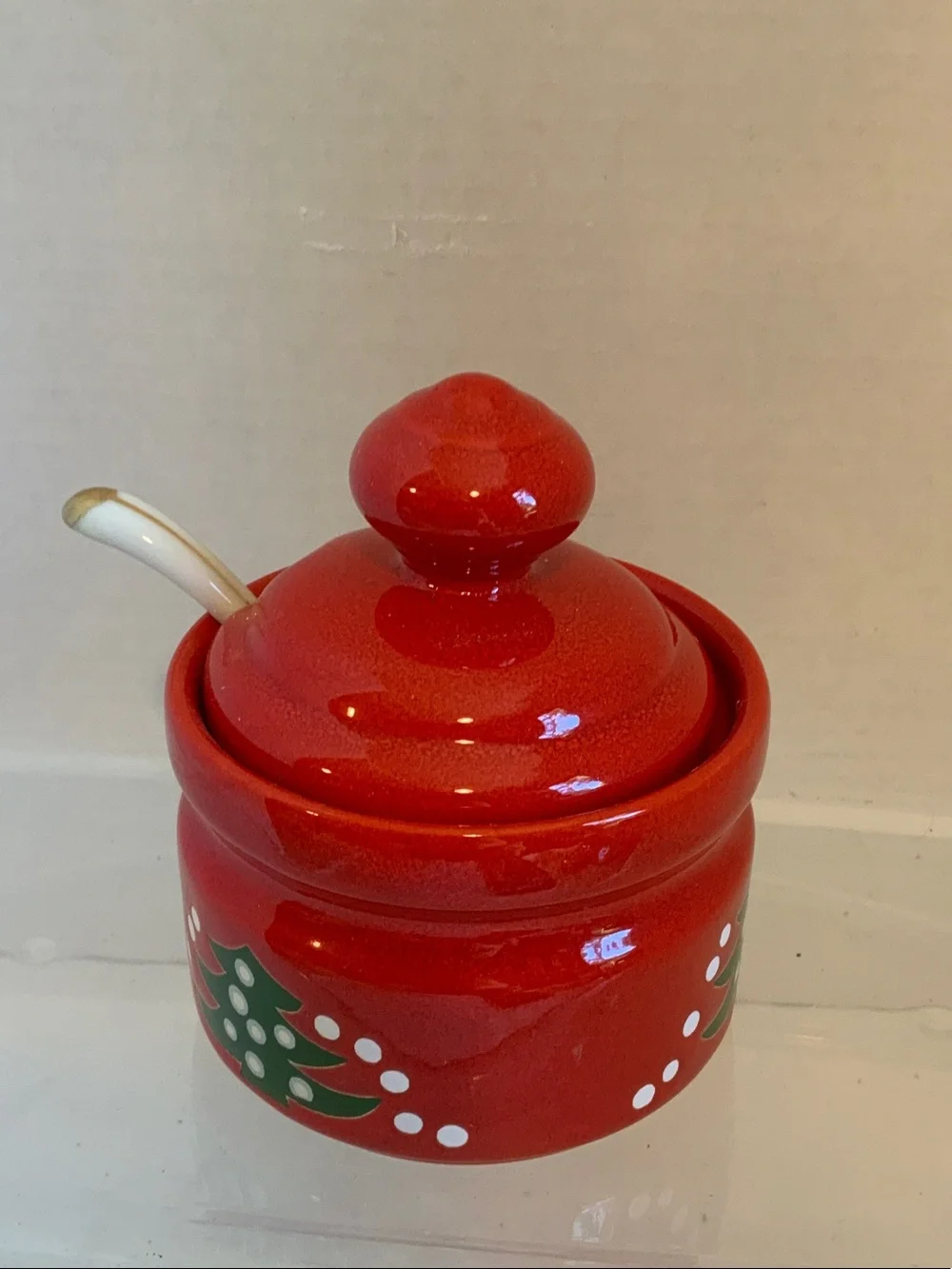 Festive Red Ceramic Holiday Sugar Jar with Spoon